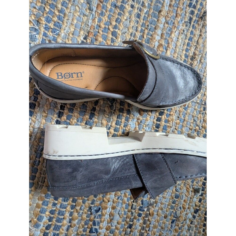 Born Contesta Slate Blue Leather Lug Sole Loafers 9 Chunky Buckle Comfort Shoes - Picture 6 of 12